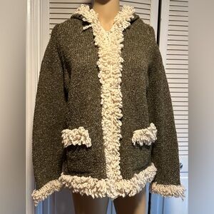 Indian Crafts Handmade Green Cardigan Sweater Full Zip with Hood Women’s